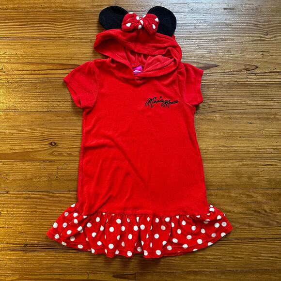 Disney Minnie Mouse red hooded ears terrycloth coverup dress SIZE 5 - Picture 1 of 4